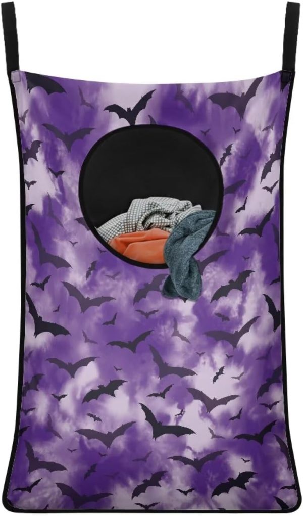 Halloween Bat Purple Print Hanging Laundry Hamper Bag Collapsible Portable Over the Door Laundry Baskets Holding Dirty Clothes and Saving Space Large Storage Pouch for Home Travel Dorm