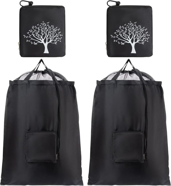 2 Packs Travel Laundry Bags,  Foldable Dirty Clothes Bag 【Upgraded】 with Drawstring Mesh, Handles, and Carabiner, Portable, Suitable for Travel, Gym, Camping (Black)