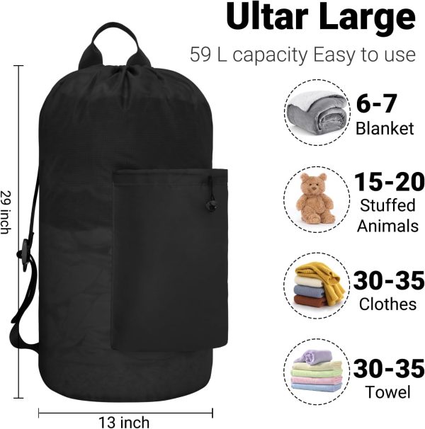 Laundry Bag with Shoulder Straps and Detergent Holder, Durable Laundry Bag Backpack for College Dorm/Travel/Camp (BLACK TARTAN) - Image 2