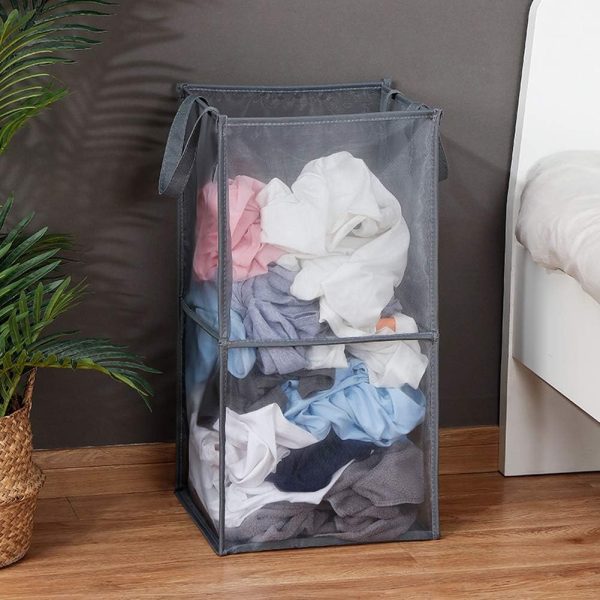 Laundry Bags Hamper Bag with Handles,Portable & Collapsible Dirty Clothes Mesh Basket Foldable for Washing Storage, Kids Room,Dorm or Travel (Black,Double-Layer) - Image 2