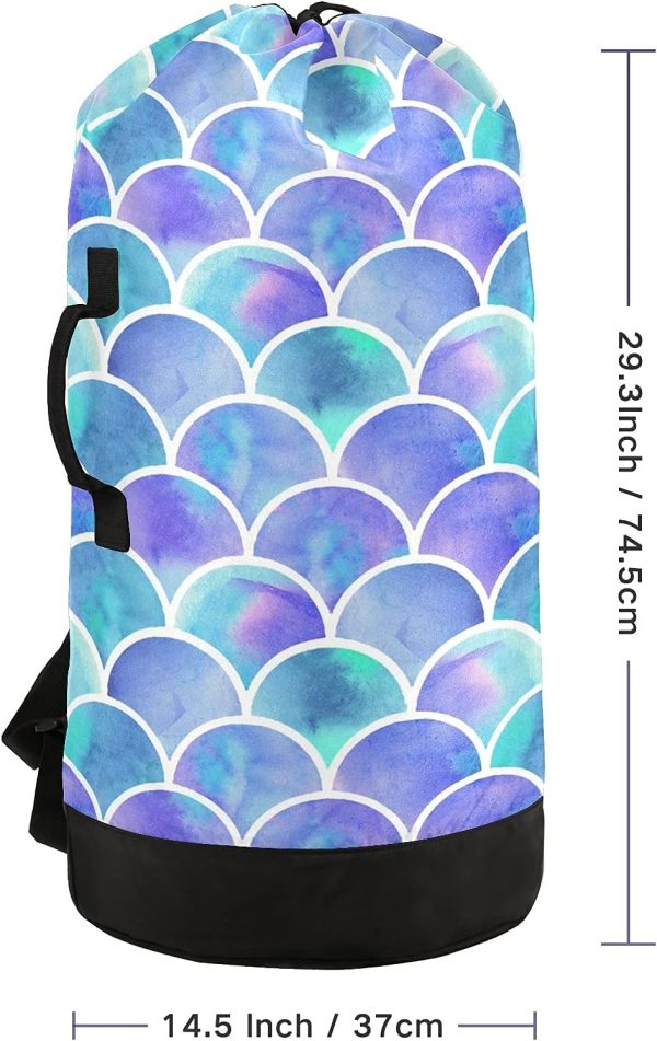 Mermaid Laundry Bag Large Heavy Duty Laundry Backpack for College Students with Shoulder Straps Dirty Clothes Organizer for Traveling Waterproof Blue - Image 2