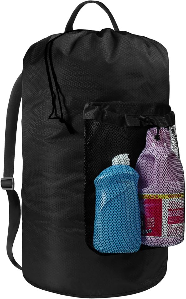 Laundry Bag with Shoulder Straps and Mesh Pocket Laundry Backpack Large Portable Laundry Hamper for College Laundromat Apartment (Black)