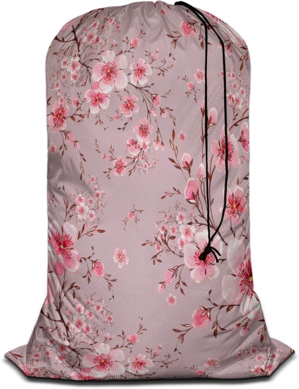 Cherry Blossom Laundry Basket Clothes Hamper Bag Watercolor Hand Painted Flower Blooming Branches Collapsible Dirty Clothes Storage Laundry Organizer, Pink