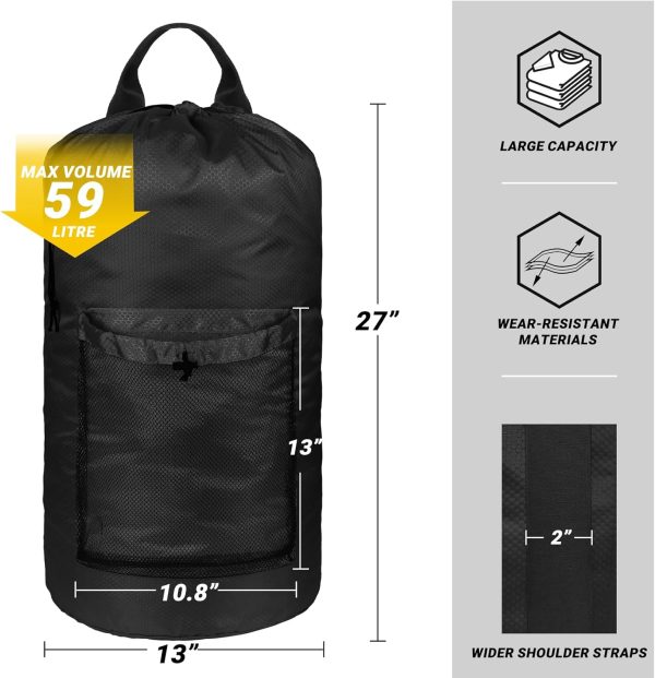 Laundry Bag with Shoulder Straps and Mesh Pocket Laundry Backpack Large Portable Laundry Hamper for College Laundromat Apartment (Black) - Image 2