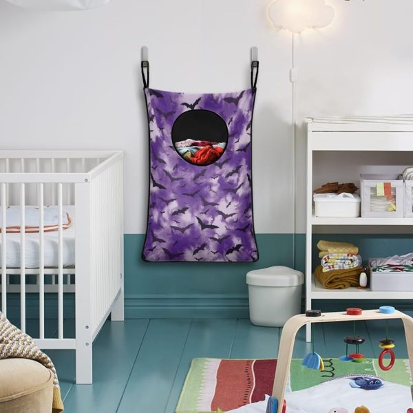 Halloween Bat Purple Print Hanging Laundry Hamper Bag Collapsible Portable Over the Door Laundry Baskets Holding Dirty Clothes and Saving Space Large Storage Pouch for Home Travel Dorm - Image 2