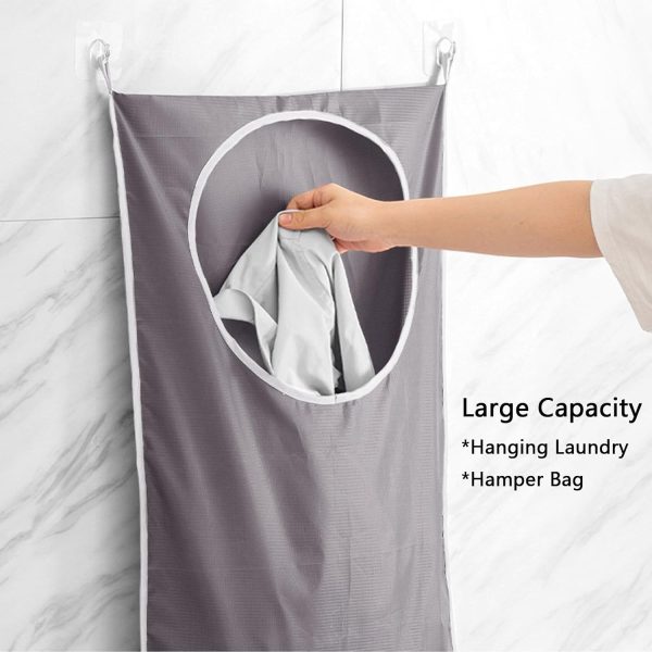 Hanging Laundry Hamper Bag, Portable Laundry Bag, Large Foldable Wall Hanging Laundry Basket with 2 Adhesive Hooks for Dirty Clothes Organization and Storage,30 x 20 Inch Gray - Image 2