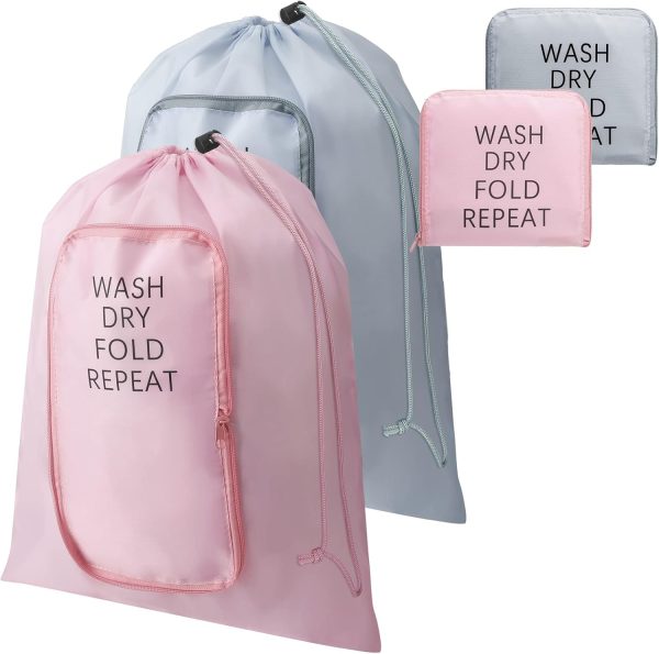 2 Pcs Travel Laundry Bag Washable Dirty Clothes Bag with Drawstring and Zipper for Suitcase, 22 x 18 Inch (Pink, Gray,Classic)