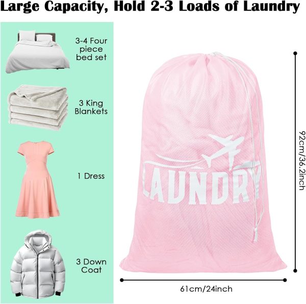 2 Pack Large Mesh Laundry Bag, Heavy Duty Laundry Bags with Drawstring, Laundry Hamper Liner, Machine Washable, for Travel, Storage, Sports, Dorms and Apartment Dwellers, 24 x 36 Inches (Pink+Green) - Image 2
