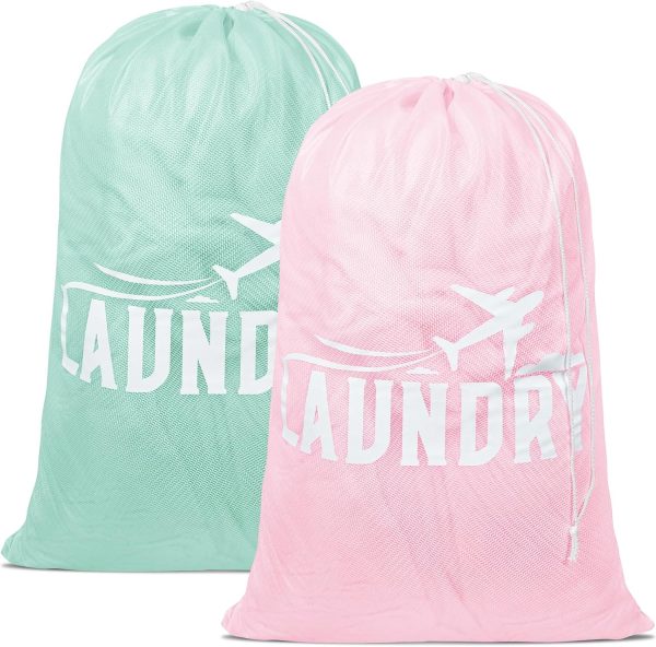 2 Pack Large Mesh Laundry Bag, Heavy Duty Laundry Bags with Drawstring, Laundry Hamper Liner, Machine Washable, for Travel, Storage, Sports, Dorms and Apartment Dwellers, 24 x 36 Inches (Pink+Green)